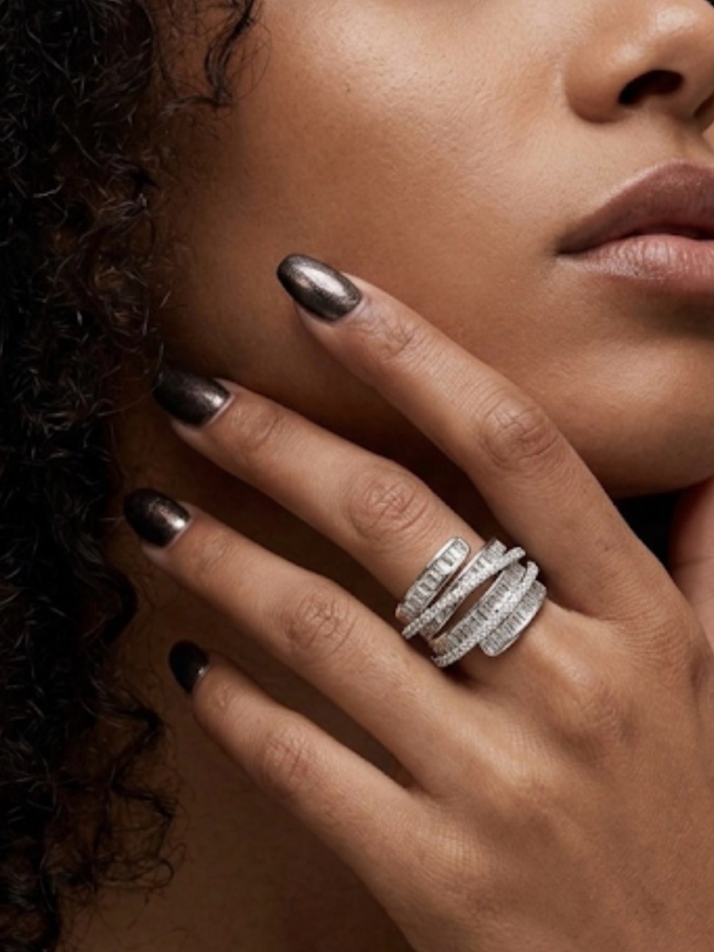 Multi-Row Baguette & Pavé CZ Wrap Cocktail Ring — Silver Tone | Size 7.5